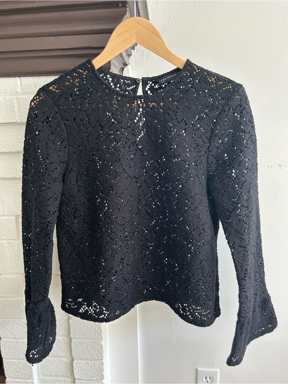 Zara Black Crochet Lace Long Sleeve Top with Bell Sleeves size M